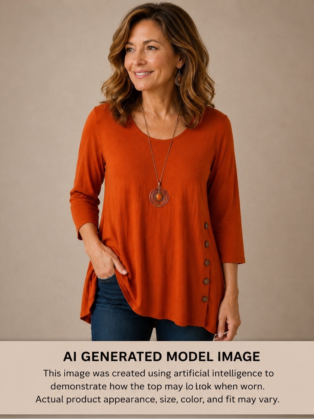 Anthony Richards Vibrant Orange Tunic with Button Detail Scoop Neck 3/4 Sleeve